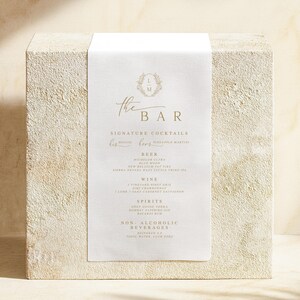 Wedding bar sign printed on white linen fabric with elegant gold typography