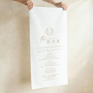 Custom linen wedding bar sign held vertically showing full fabric length