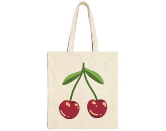 Cute Cherry Canvas Tote Bag, Red Cherry Print Shopping Bag, Aesthetic Fruit Tote Bag, Coquette Cherry Gift for Her, Reusable Grocery Bag