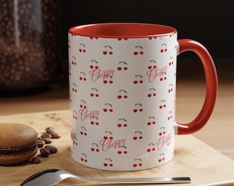 Niedliche Kirsch-Kaffeetasse, zweifarbige Keramiktasse mit rotem Akzent, Tasse mit verspieltem Kirschmuster, hübsche Früchteteetasse, ästhetisches Geschenk für Sie