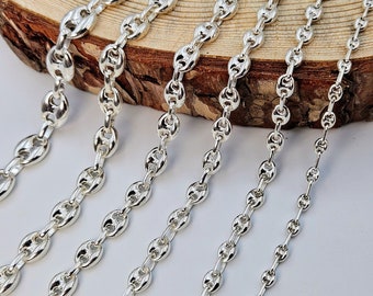 925 Sterling Silver Puffy Mariner Chain Necklace: Lobster Clasp