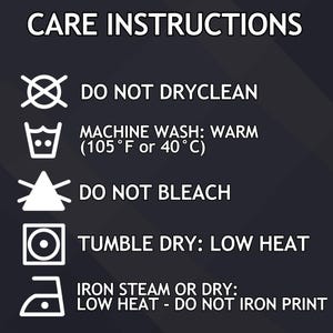 May include: Care instructions for a garment. The instructions include: Do not dry clean, Machine wash warm (105&deg;F or 40&deg;C), Do not bleach, Tumble dry low heat, Iron steam or dry low heat - Do not iron print.
