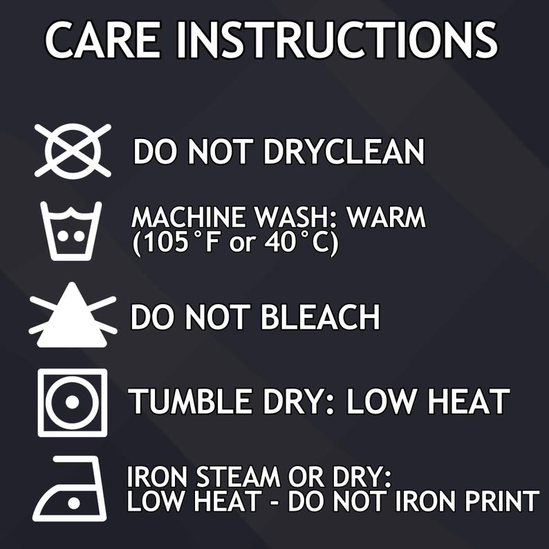 May include: Care instructions for a garment. The instructions include: Do not dry clean, Machine wash warm (105&deg;F or 40&deg;C), Do not bleach, Tumble dry low heat, Iron steam or dry low heat - Do not iron print.