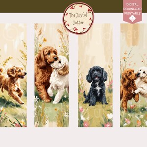 May include: Four printable bookmarks featuring illustrations of dogs in a field of flowers. Each bookmark has a different dog breed and color combination. The bookmarks are designed for dog lovers and feature a whimsical and charming style.