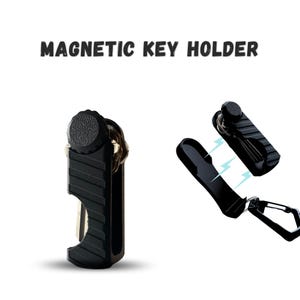 May include: Black magnetic key holder with the text "MAGNETIC KEY HOLDER". The key holder is shown with keys attached and separated, with magnetic attraction lines. The key holder has a textured grip and a carabiner clip.