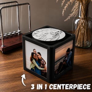 Centro de mesa minimalista em formato de cubo para fotos – Personalizável com fotos de 10x10 cm, compartimento oculto para guardar objetos, tampo funcional para porta-copos e velas – Decoração moderna para casa
