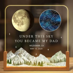 Cadeau pour la fête des pères, carte des étoiles et phases de la lune par date et lieu Veilleuse LED, le ciel nocturne que vous êtes devenu papa, veilleuse en cristal de lune personnalisée