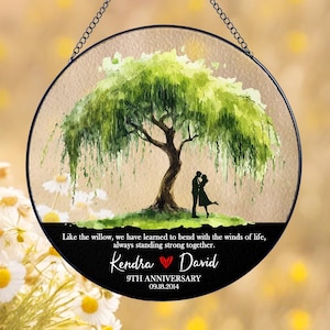 Wedding Anniversary Willow Stained Glass Suncatcher, Personalized 9th Anniversary Window Decor For Couples, 9 Years Anniversary Gift For Her