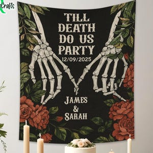 Custom Til Death Do Us Party Bachelorette Banner, Personalized Gothic Skeleton Bride Photo Backdrop Tapestry, Funny Halloween Wedding Favors