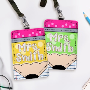Personalized Pencil Teacher ID Badge Holder, Lanyard Accessory for Educator, Custom ID Holder School Supply Theme,  Back To School Gift