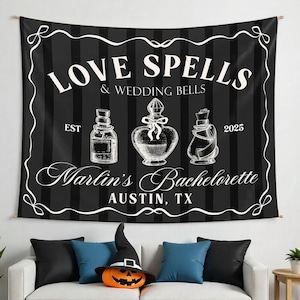 Halloween Bachelorette Party Tapestry,Love Spells Wedding Bells Bachelorette Party Banner,Witchy Bachelorette Backdrop,Spooky Bride Tapestry