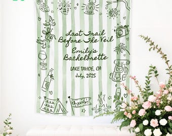 Custom Bachelorette Party Tapestry, Mountain Bachelorette Party Banner,Forest Bach Tapestry, Last Trail Before The Veil Hiking Bridal Shower