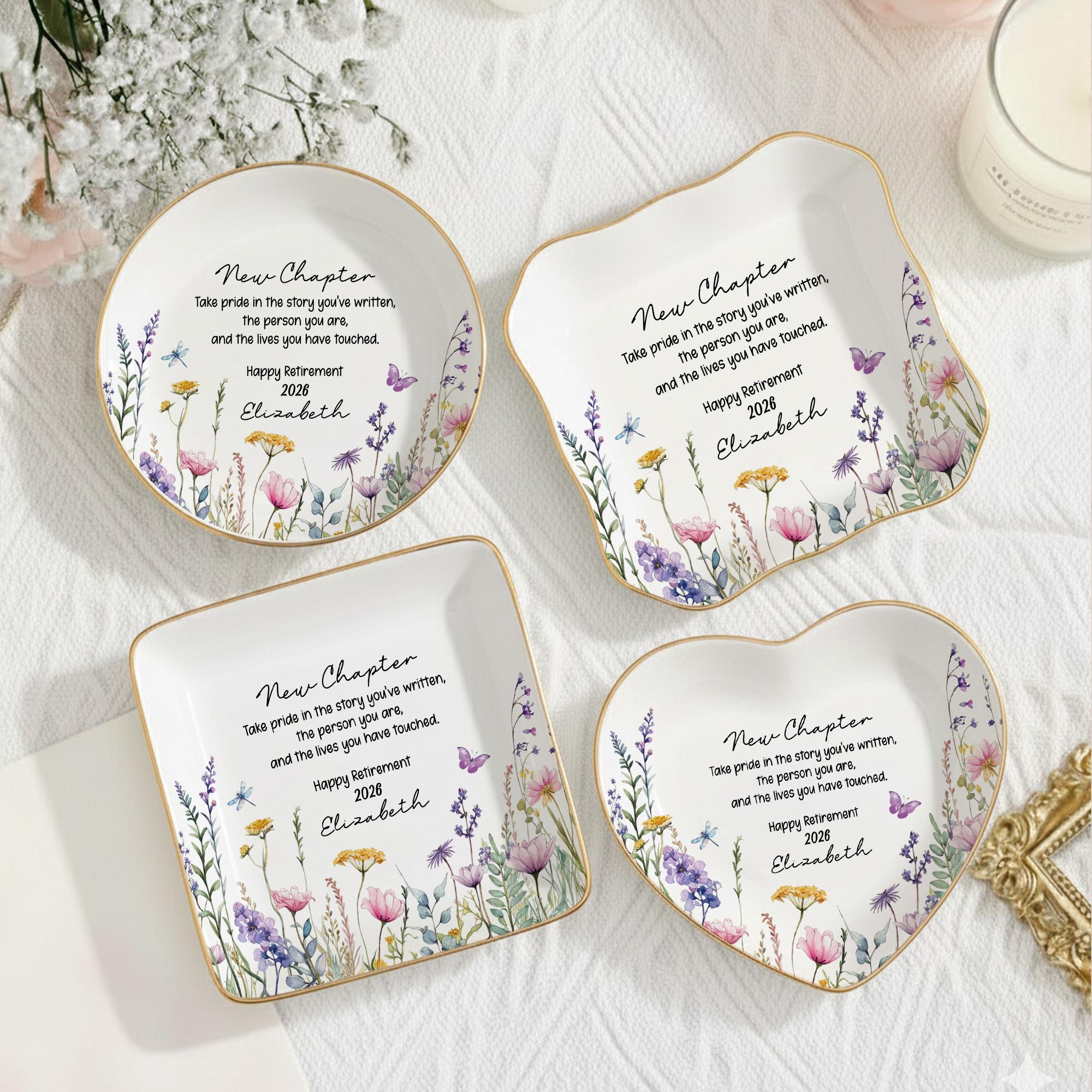 Retirement Counter Rings Personalized Happy Retirement Ring Dish, Custom Floral Ceramic Jewelry ...