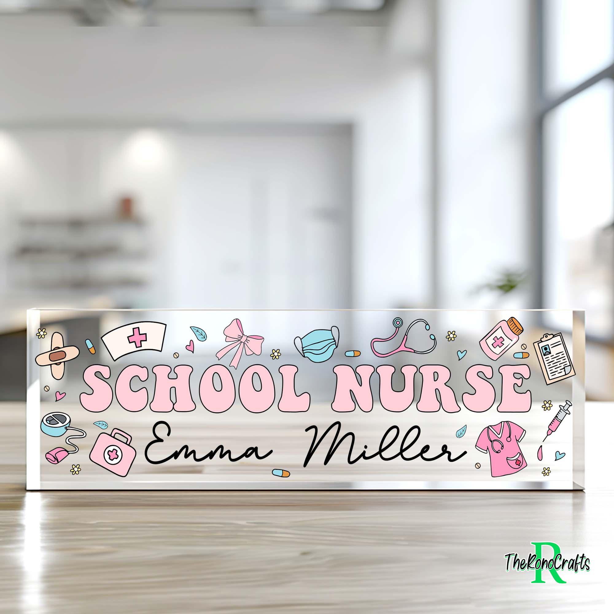 Personalized School Nurse Acrylic Desk Plaque, Custom Acrylic Name Plate Block, Nurse Desk Name Sign, School Nurse Name Sign, Nurse Gift