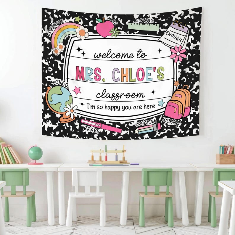 May include: Black and white classroom themed tapestry with a notebook pattern. It says "Welcome to Mrs. Chloe's classroom. I'm so happy you are here." with colorful text and illustrations of a rainbow, apple, globe, backpack, and pencils.