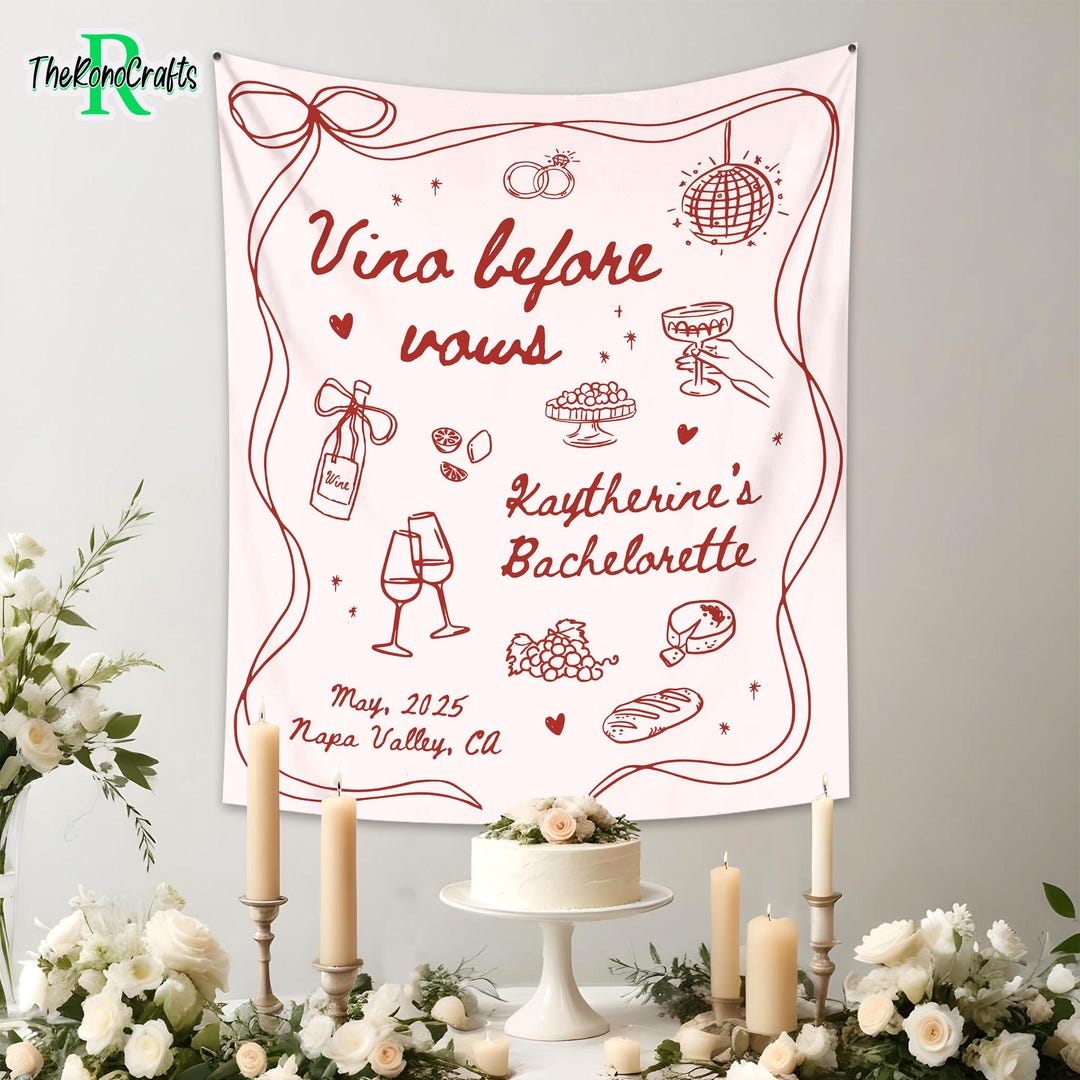 Vino Before Vows Party Tapestry, Personalized Bachelorette Banner Decor ...