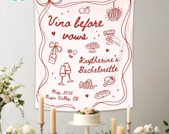 Vino Before Vows Party Tapestry, Personalized Bachelorette Banner Decor, Winery Wine Bach Party Background Drop,Bridal Shower Party Backdrop