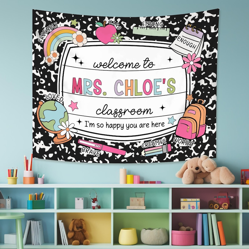 Custom Teacher Tapestry, Welcome Classroom Tapestry, Teachers Name Gift Classroom Banner, Teacher Appreciation Gift, Teacher Classroom Decor image 1