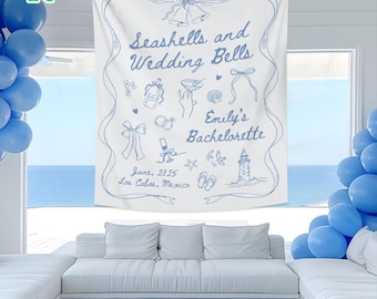 Personalized Bachelorette Party Decor, Beach Bachelorette Party Tapestry, Seashells And Wedding Bells Tapestry, Bridal Shower Party Banner