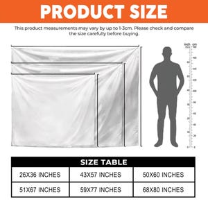 Puede incluir: Una tabla de tallas para un art&iacute;culo de tela rectangular, que muestra seis dimensiones disponibles en pulgadas: 26x36, 43x57, 50x60, 51x67, 59x77 y 68x80. La imagen incluye una silueta para escala y una regla vertical en pulgadas y cent&iacute;metros.