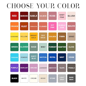Puede incluir: Una carta de colores titulada CHOOSE YOUR COLOR presenta una cuadr&iacute;cula de cuarenta y nueve cuadrados redondeados. Cada muestra muestra un nombre de color &uacute;nico, incluidos rojo, granate, sable, salm&oacute;n, rosa, rosa beb&eacute;, rubor, naranja, &oacute;xido, terracota, sonrojado, rosa fuerte, chicle, malva, sol, amarillo, oro brillante, oro viejo, dorado, cervatillo, arena, verde, tr&eacute;bol, salvia, menta, bosque, cazador, oliva, turquesa, polvo, azul polvoriento, n&aacute;utico, real, marino, mezclilla, morado, berenjena, orqu&iacute;dea, lavanda, amatista, topo, guijarro, negro, blanco, crema, beige, piedra, gris claro y gris oscuro.