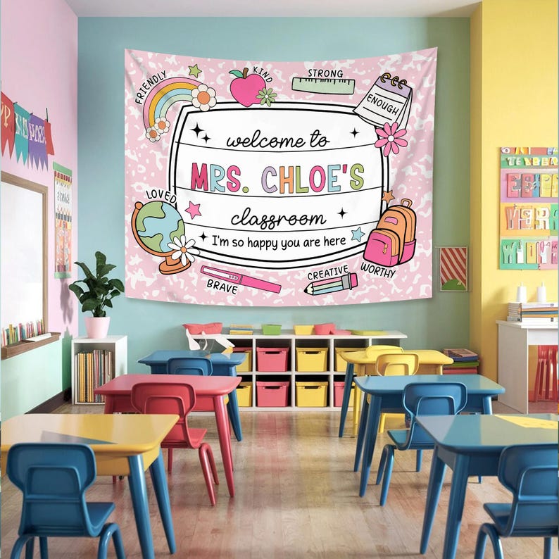 May include: A pink and white classroom banner with the text "Welcome to Mrs. Chloe's classroom" and various colorful illustrations of school supplies, including a globe, a pencil, a ruler, a backpack, and a notebook. The banner also includes the words "Friendly", "Kind", "Strong", "Loved", "Brave", "Creative", "Worthy", and "Enough".