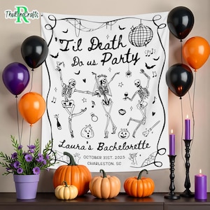 Til Death Do Us Party Bachelorette Banner, Custom Gothic Skeleton Bride Backdrop Tapestry, Dancing Bride Skeleton Halloween Wedding Favors