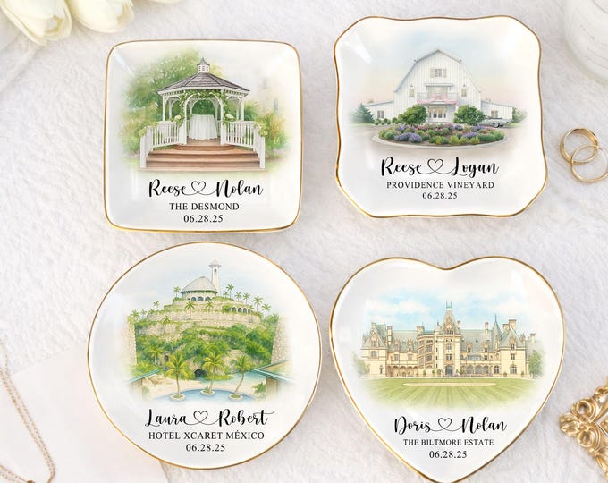 Personalized Wedding Venue Watercolor Ring Dish, Wedding Engagement Location Ornament, Just Married Gift, Wedding Gift For Couple, Newlyweds