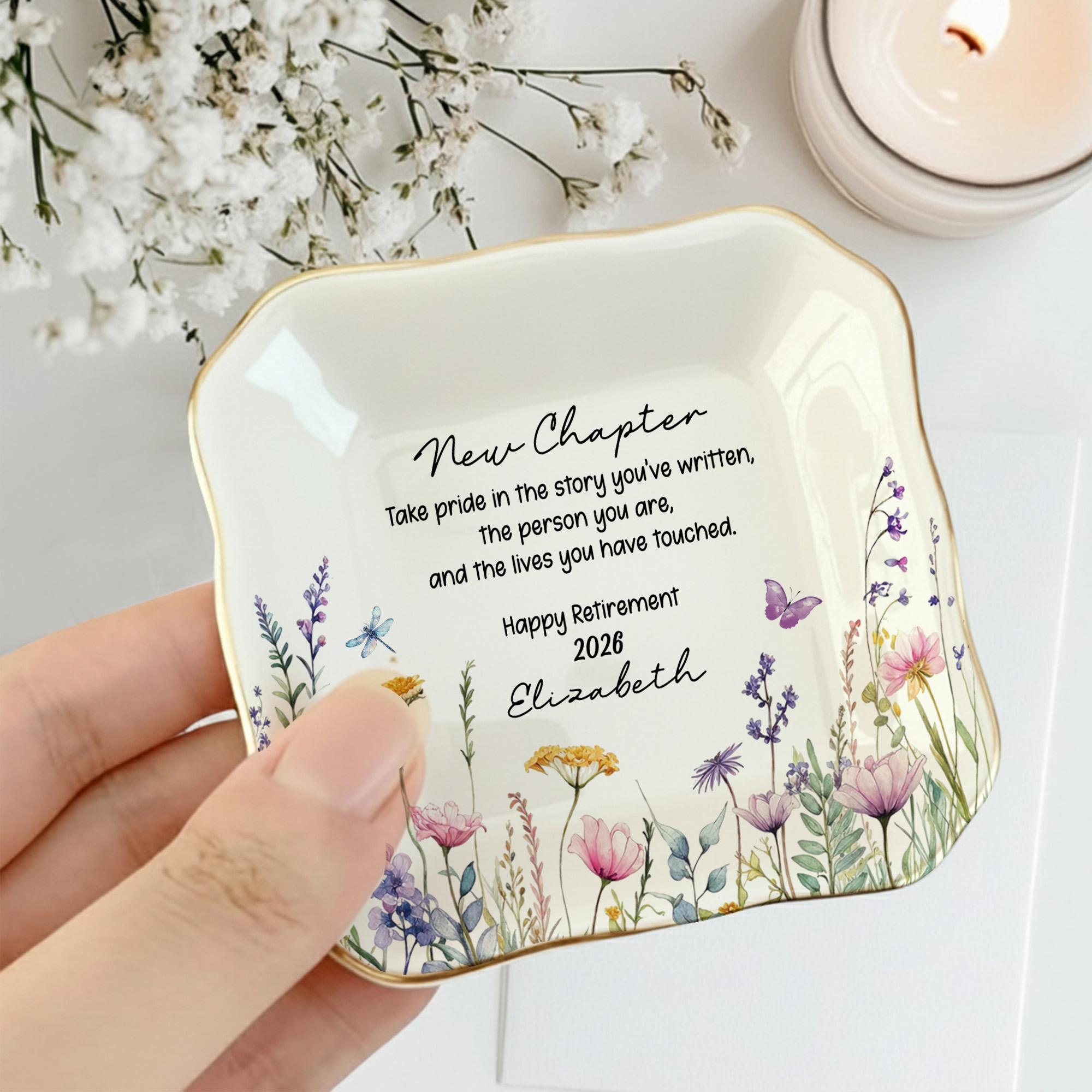 Retirement Counter Rings Personalized Happy Retirement Ring Dish, Custom Floral Ceramic Jewelry ...