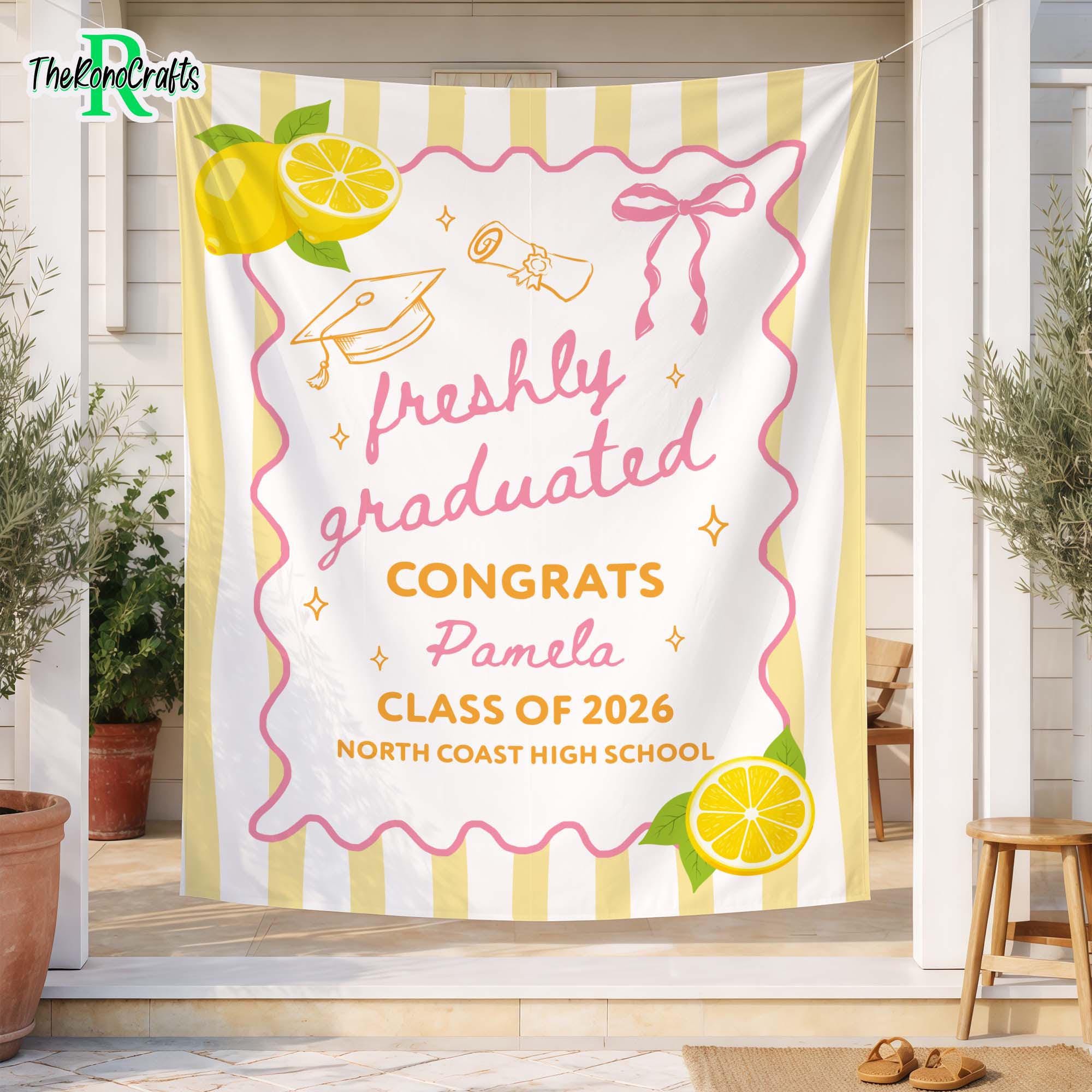 Lemon Grad Backdrop Custom Freshly Graduated Banner, Lemon Graduation Party Decor 2026 ...
