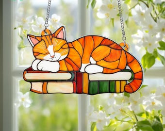 Cute Orange Cat Sleeping Over Books Acrylic Suncatcher Window Hanging, Cat Mom Gift, Book Lover Gift, Cat Home Decor , Cat Lover Gifts