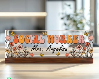 Personalized Social Worker Acrylic Desk Plaque, Customizable Acrylic Name Plate Block, Executive Desk Name Sign, Social Worker Name Sign