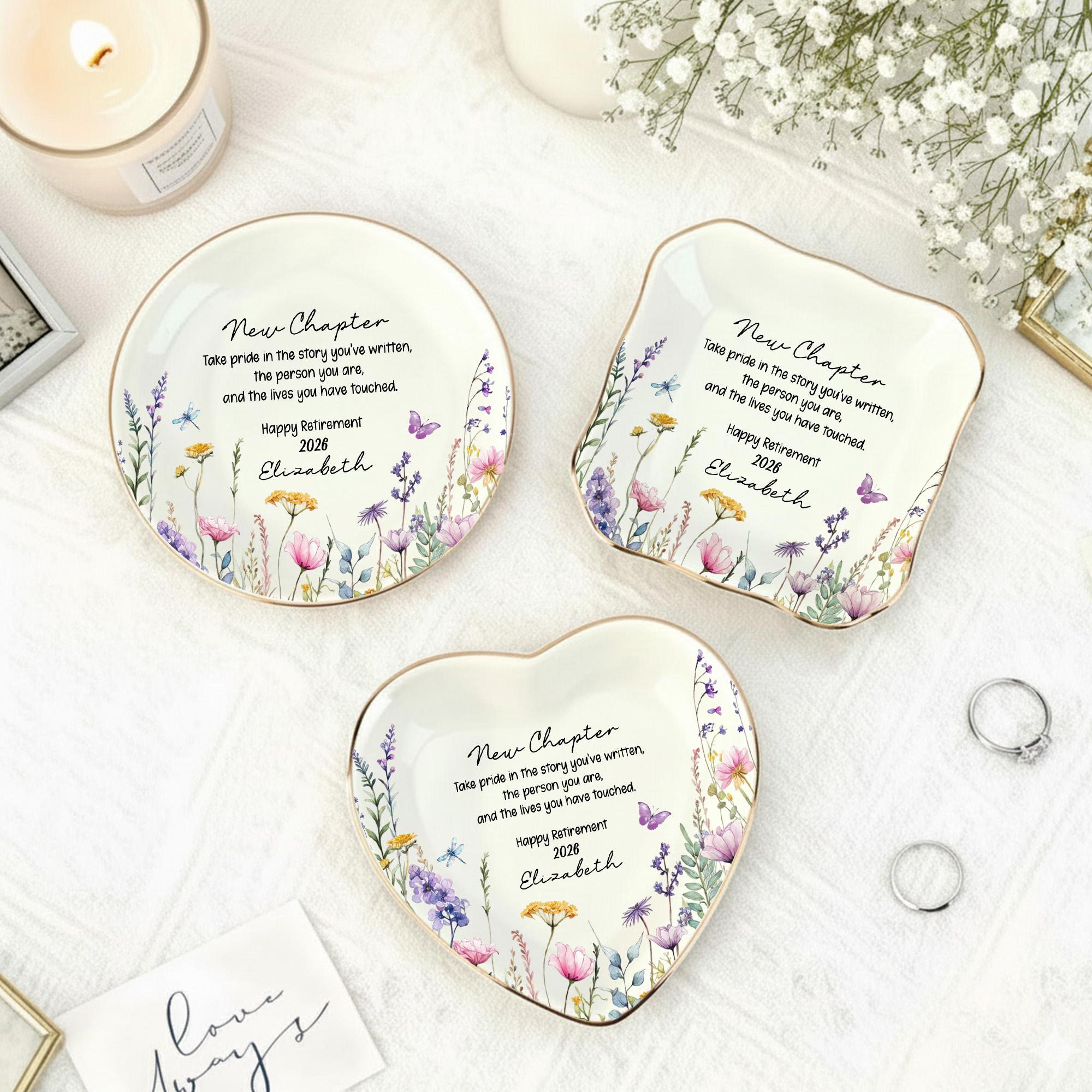 Retirement Counter Rings Personalized Happy Retirement Ring Dish, Custom Floral Ceramic Jewelry ...