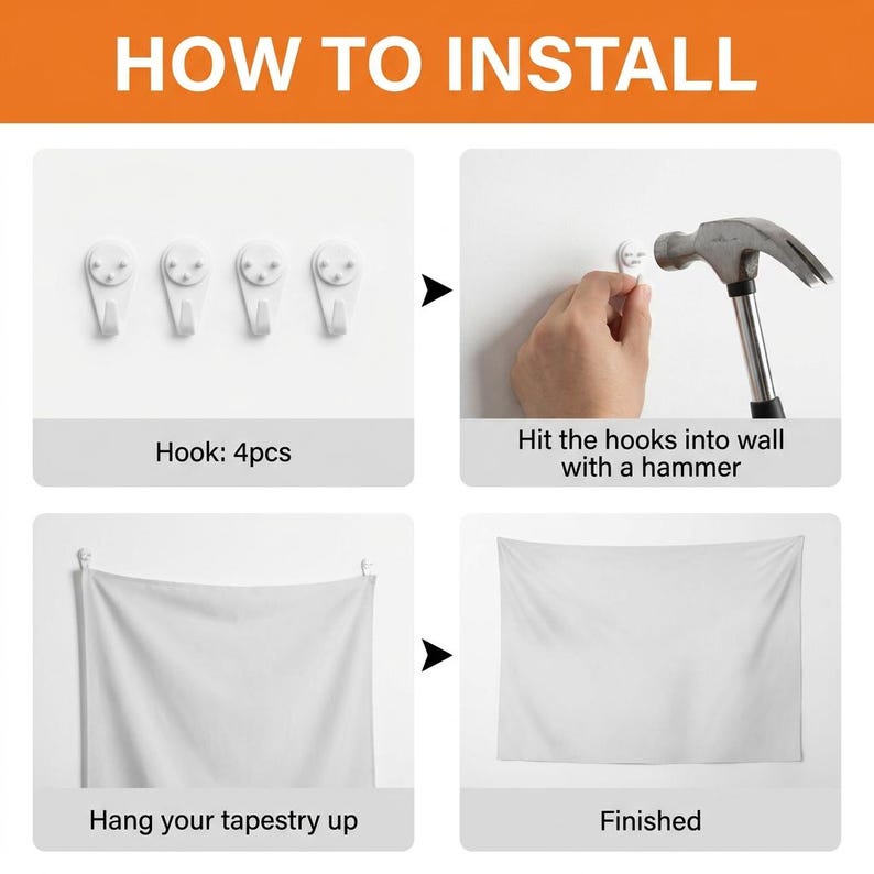 Op de afbeelding: Een instructieve afbeelding met de titel HOW TO INSTALL toont vier witte muurhaken, een hamer die een haak in een muur slaat, een effen wit wandkleed dat aan de haken wordt gehangen en de voltooide installatie van het wandkleed aan een muur.