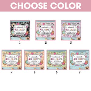 May include: Seven different color options for a classroom welcome banner featuring a rainbow, a globe, a pencil, a book, and a backpack. The banner says "Welcome to Mrs. Chloe's Classroom".