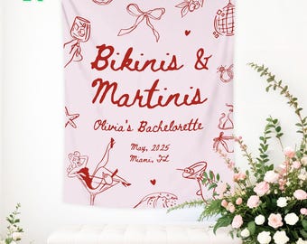 Custom Bikinis and Martinis Tapestry, Bikini Martini Bachelorette Decor Wall Hanging, Martini Themed Bachelorette Party, Bridal Shower Party