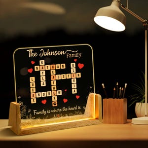 Luz noturna de palavras cruzadas de família personalizada, luzes LED com nomes personalizados, presente de carta de família personalizada, presente exclusivo para pais, presente de dia das mães