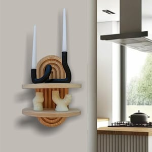 Handgefertigtes Holzholzregal, Dekordisplay, modernes Boho Floating-Regal der Mitte des Jahrhunderts, geriffelter Bogen, schwimmendes Wandregal, Home Housewarming Design