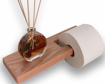 Minimalistic wooden toilet paper holder with extra space for your phone in light or dark colors