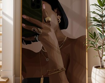 May include: A digital illustration of a person with dark skin wearing a black beret and gold jewelry. The person is holding a smartphone and looking at the camera. The background is a light beige color.