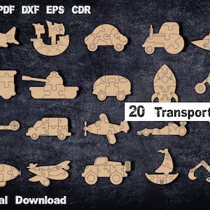 May include: A set of 20 digital cut files for laser cutting or CNC machines. The files feature various transportation designs, including a plane, a ship, a car, a tractor, a spaceship, a motorcycle, a helicopter, a van, a plane, a race car, a hot air balloon, a sailboat, a digger, and a blimp. The files are available in SVG, PDF, DXF, EPS, and CDR formats. 20 Transports Digital Download