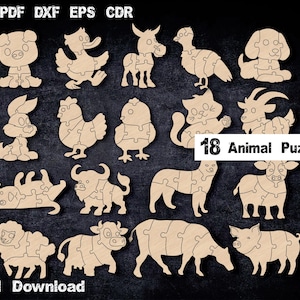 May include: 18 animal puzzle designs for cutting and assembling. The designs include a duck, a chicken, a cat, a dog, a goat, a cow, a pig, a sheep, a rabbit, a fish, and more. The designs are all in black and white and are ready to be cut out and assembled.