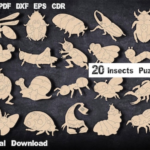 May include: A collection of 20 insect puzzles in a digital download. The puzzles are made of light brown wood and feature various insects like bees, beetles, and caterpillars. The image includes the text "20 insects Puzzles" and "Digital Download".