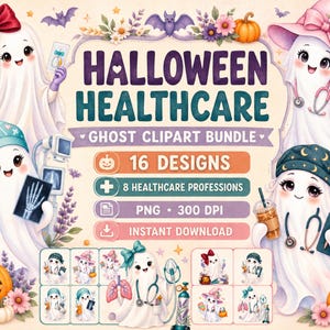 Halloween-sjukvård, spökclipartpaket, 16 PNG-sublimeringsdesigner, 8 sjukvårdsyrken