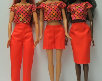 Haut avec short ou haut avec pantalon ou haut avec jupe crayon pour poupées mannequins 11,5" - oranges