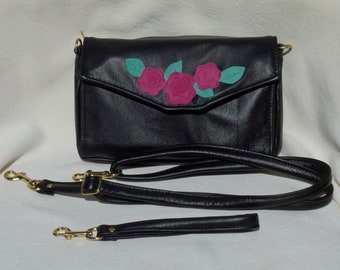 50% off Waist Bag Shoulder Bag Cross body Bag with 2 starps in Black Leather with pink suede roses by Grizzly Creek