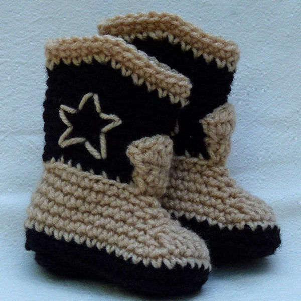 Crocheted Baby Booties Cowboy Boots Western Cowboy Booties black and tan choose size