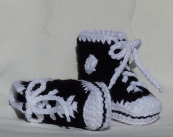 Crochet Baby Booties Sneaker Black and White High Top Sneaker Baby Chucks Baby Booties select a size