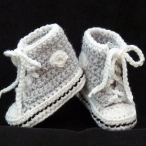 Crocheted Baby Booties choose a size Light Gray and Black High Top Sneaker