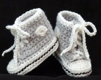 Crocheted Baby Booties choose a size Light Gray and Black High Top Sneaker